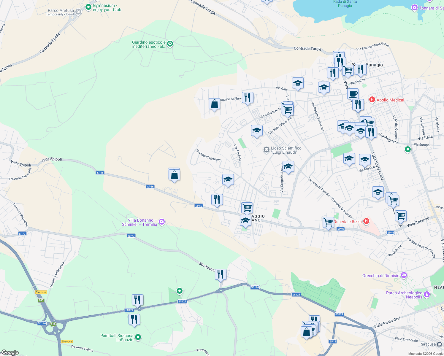 map of restaurants, bars, coffee shops, grocery stores, and more near 5 Via Monte Ramilia in Siracusa