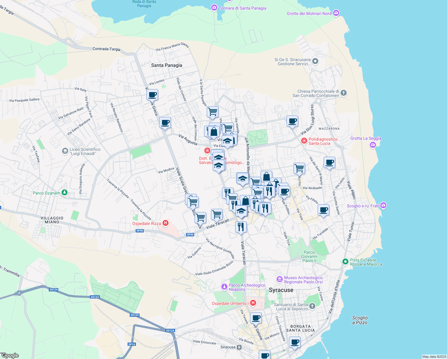 map of restaurants, bars, coffee shops, grocery stores, and more near 102 Viale Santa Panagia in Siracusa