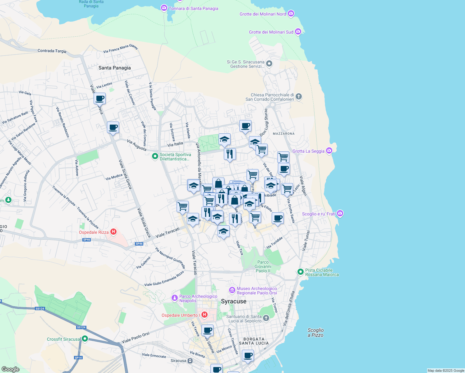 map of restaurants, bars, coffee shops, grocery stores, and more near 43 Via Pietro Novelli in Syracuse