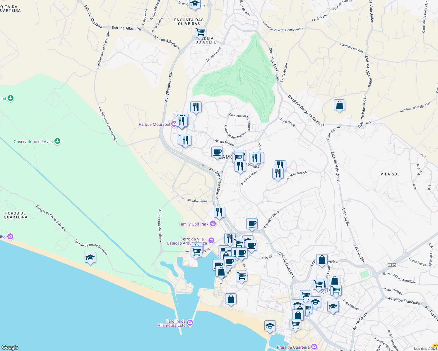 map of restaurants, bars, coffee shops, grocery stores, and more near in Quarteira