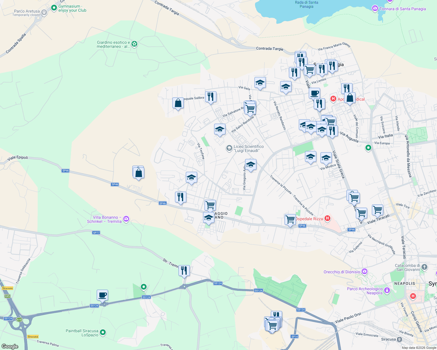 map of restaurants, bars, coffee shops, grocery stores, and more near 32 Via Monte Renna in Siracusa