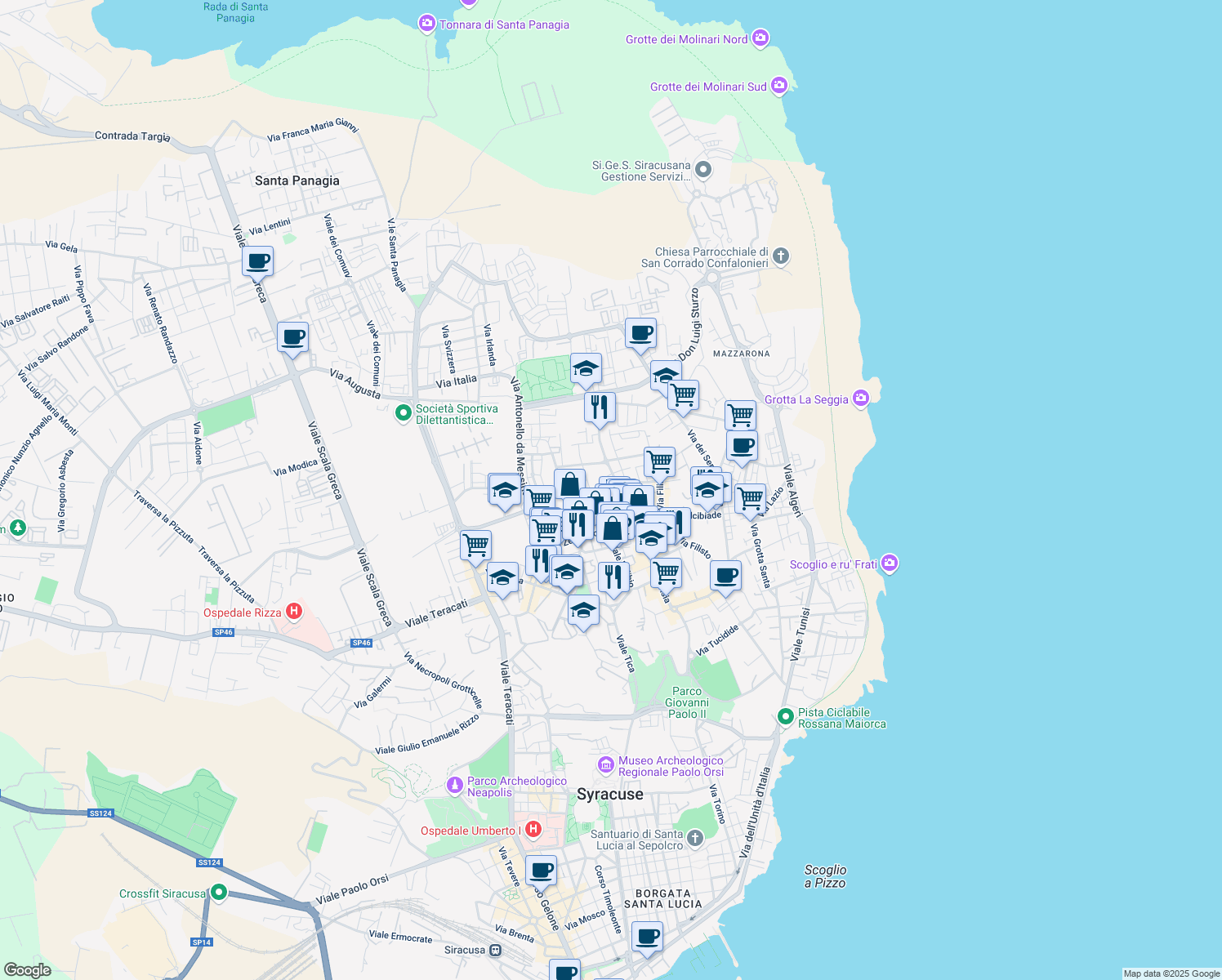 map of restaurants, bars, coffee shops, grocery stores, and more near 43 Via Pietro Novelli in Syracuse
