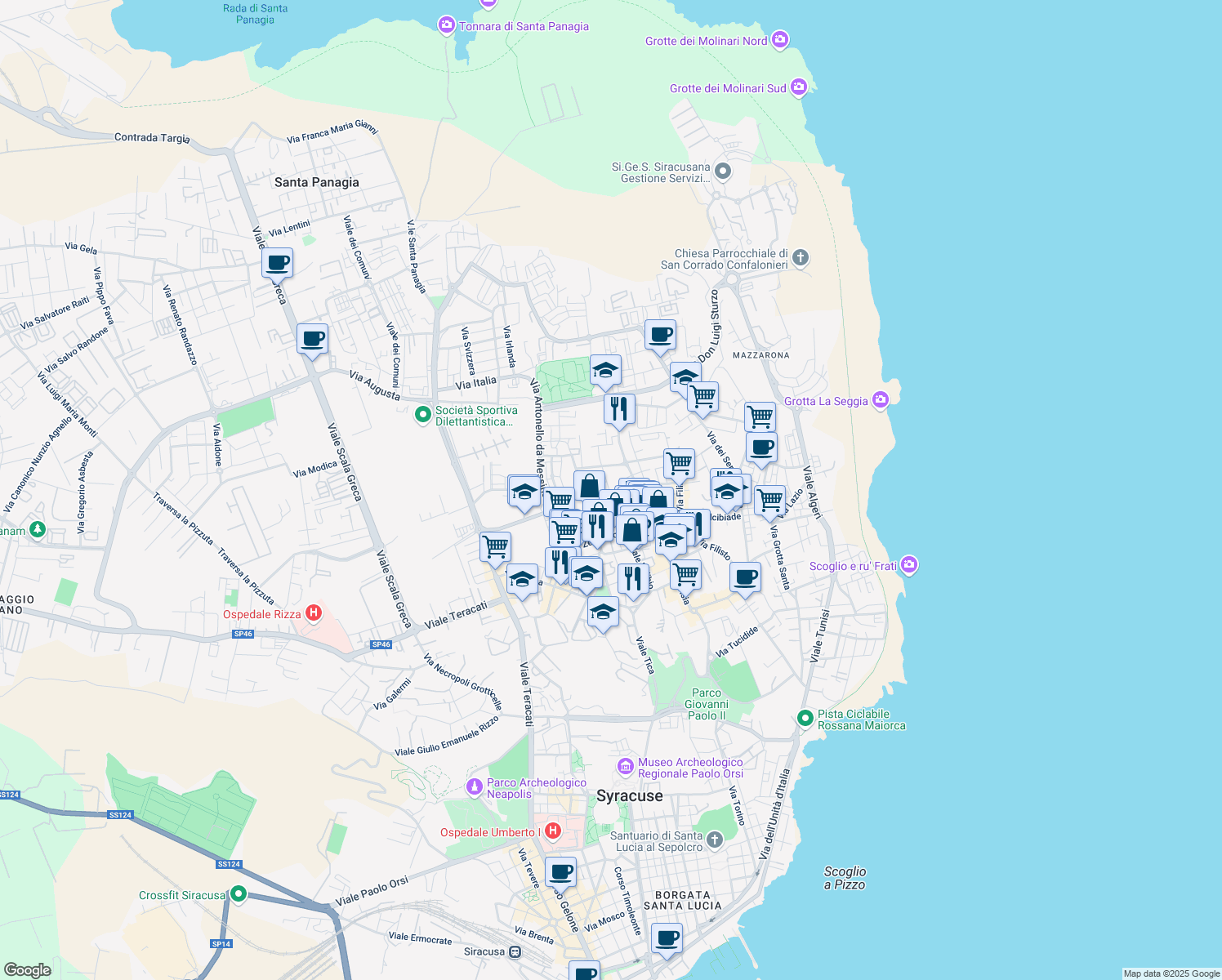 map of restaurants, bars, coffee shops, grocery stores, and more near 43 Via Pietro Novelli in Syracuse