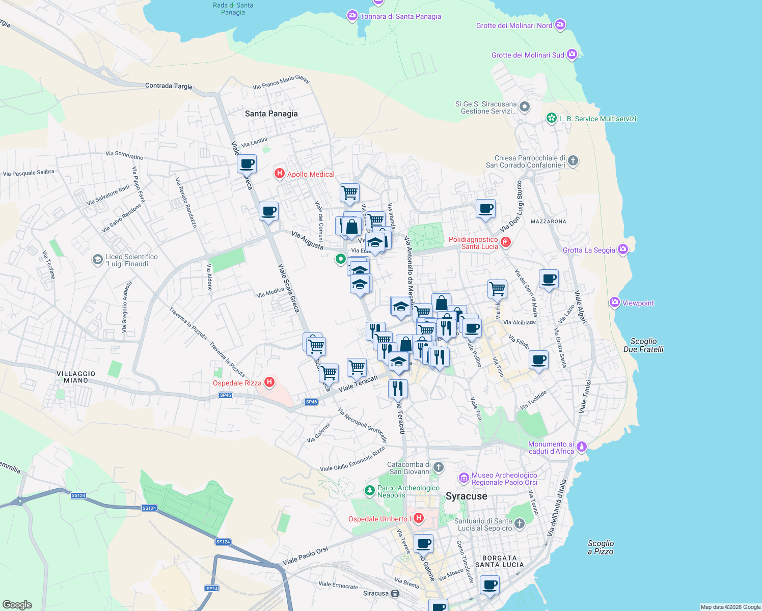 map of restaurants, bars, coffee shops, grocery stores, and more near 102 Viale Santa Panagia in Syracuse