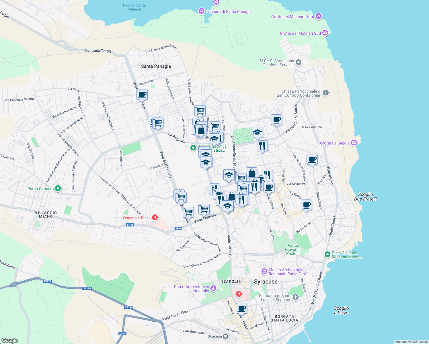 map of restaurants, bars, coffee shops, grocery stores, and more near 114 Viale Santa Panagia in Siracusa