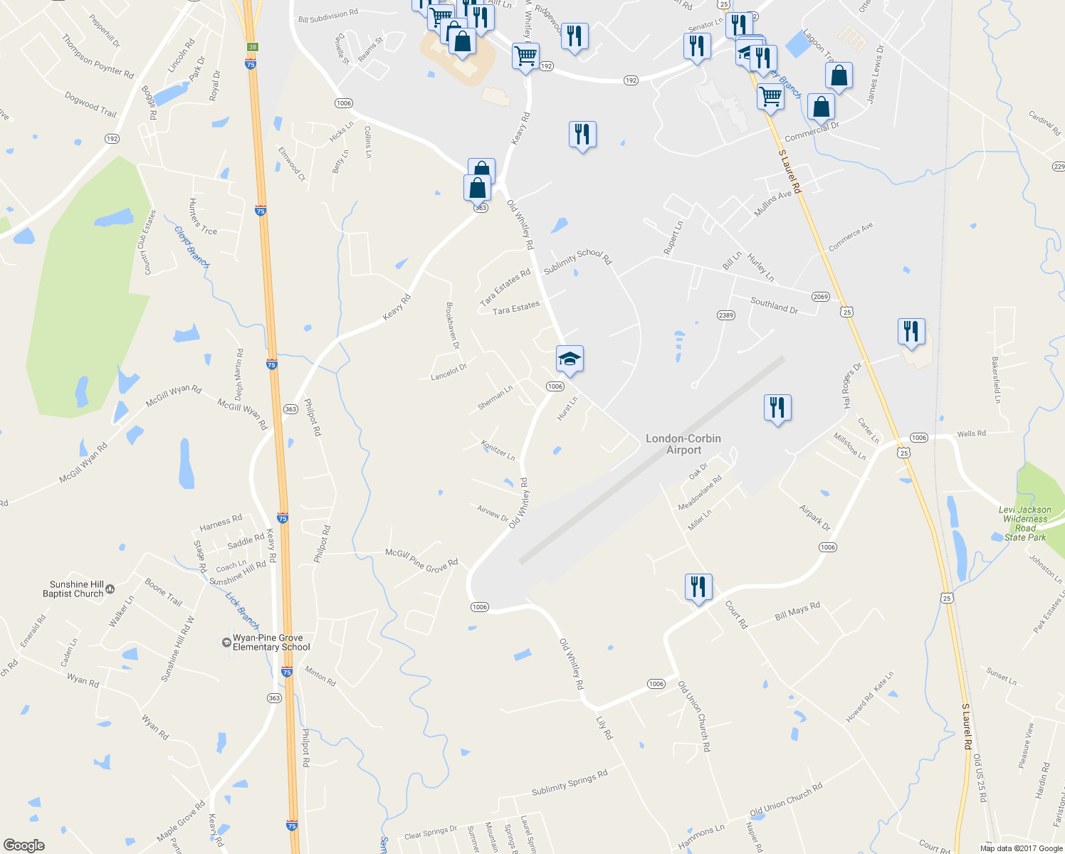 map of restaurants, bars, coffee shops, grocery stores, and more near 1771 Old Whitley Road in London