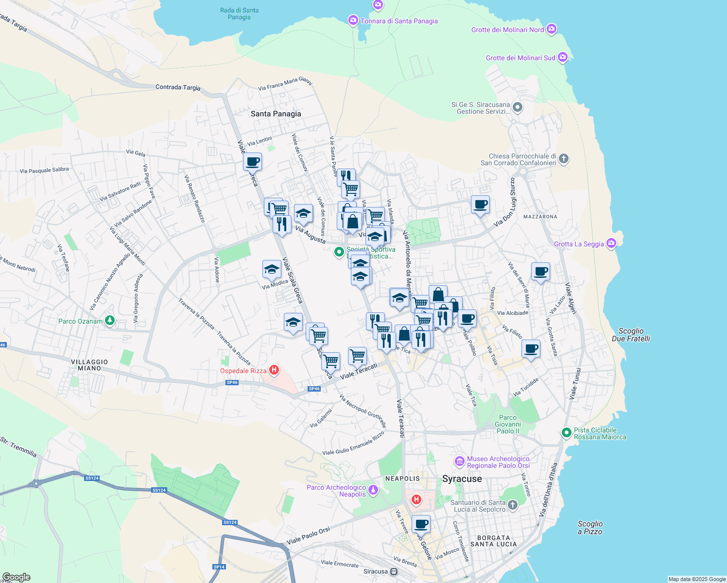 map of restaurants, bars, coffee shops, grocery stores, and more near 114 Viale Santa Panagia in Siracusa