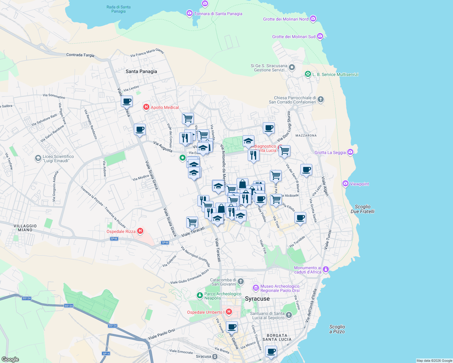 map of restaurants, bars, coffee shops, grocery stores, and more near 31 Via Antonello da Messina in Siracusa