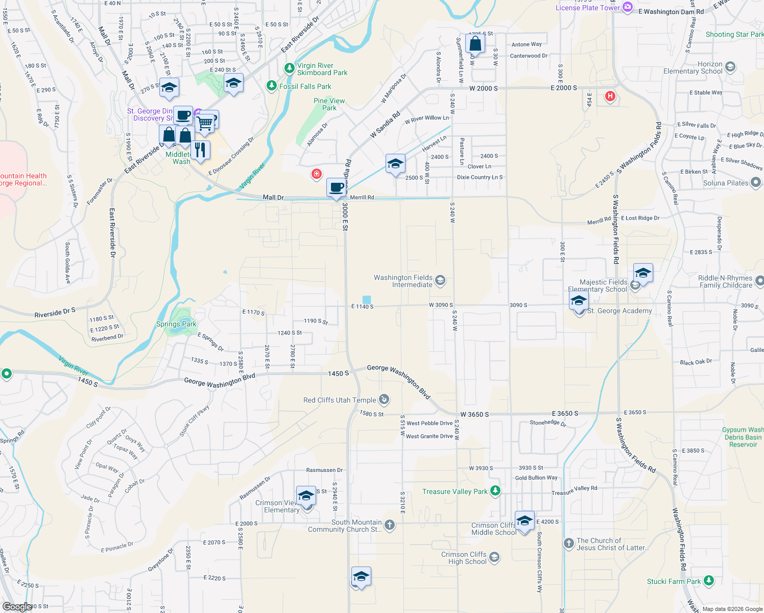 map of restaurants, bars, coffee shops, grocery stores, and more near E 1130 S in St George