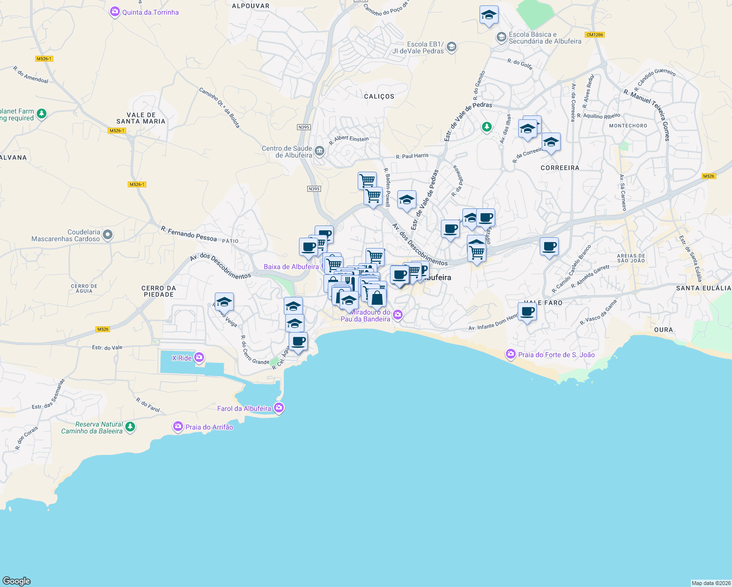 map of restaurants, bars, coffee shops, grocery stores, and more near 7 Rua Alves Correia in Albufeira