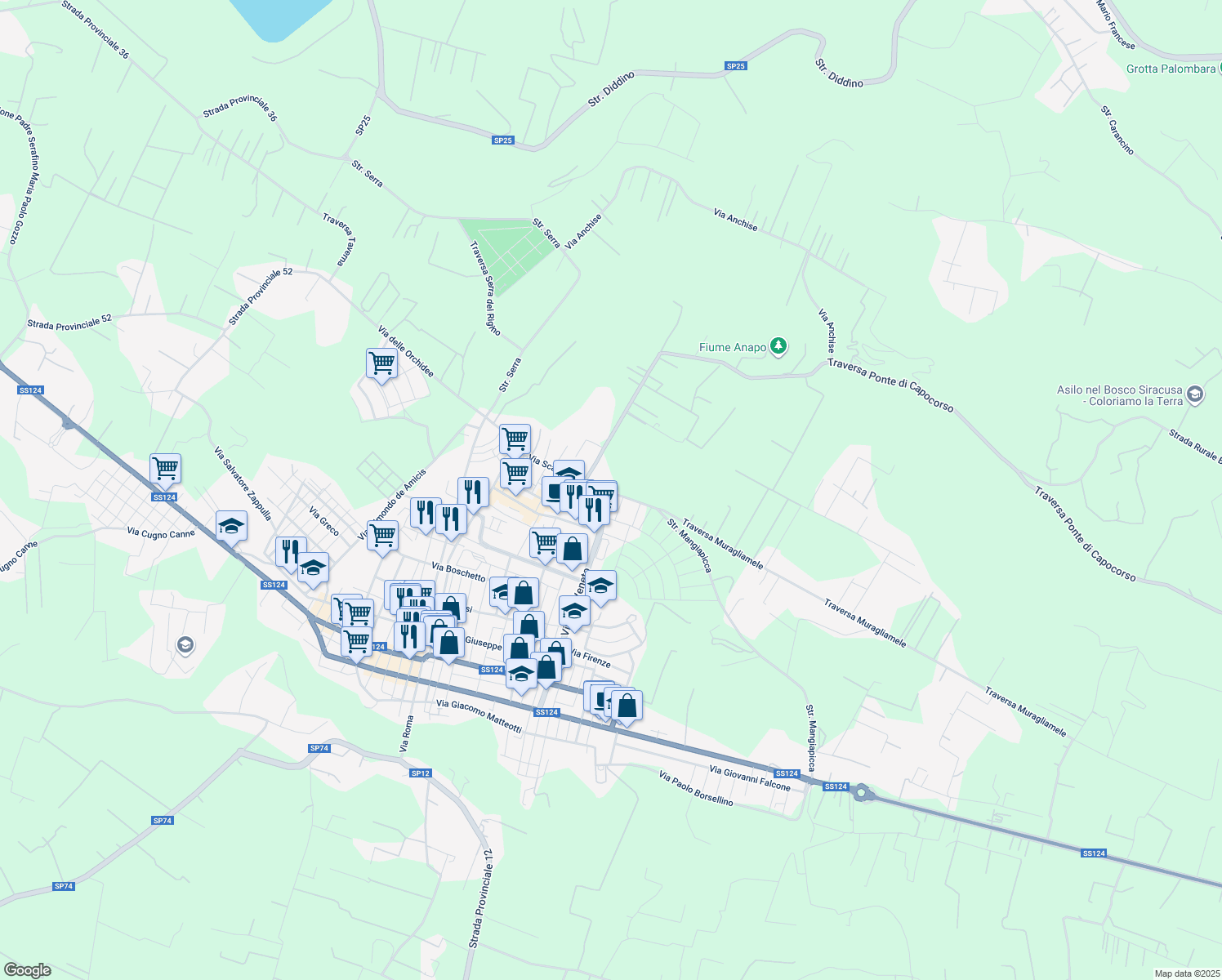 map of restaurants, bars, coffee shops, grocery stores, and more near 54 Traversa Muragliamele in Floridia