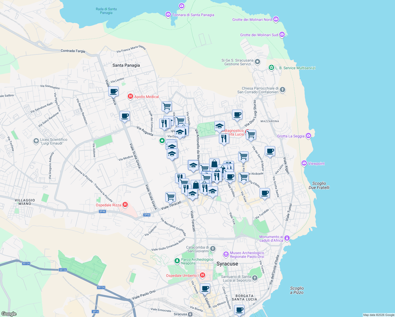 map of restaurants, bars, coffee shops, grocery stores, and more near 31 Via Antonello da Messina in Siracusa
