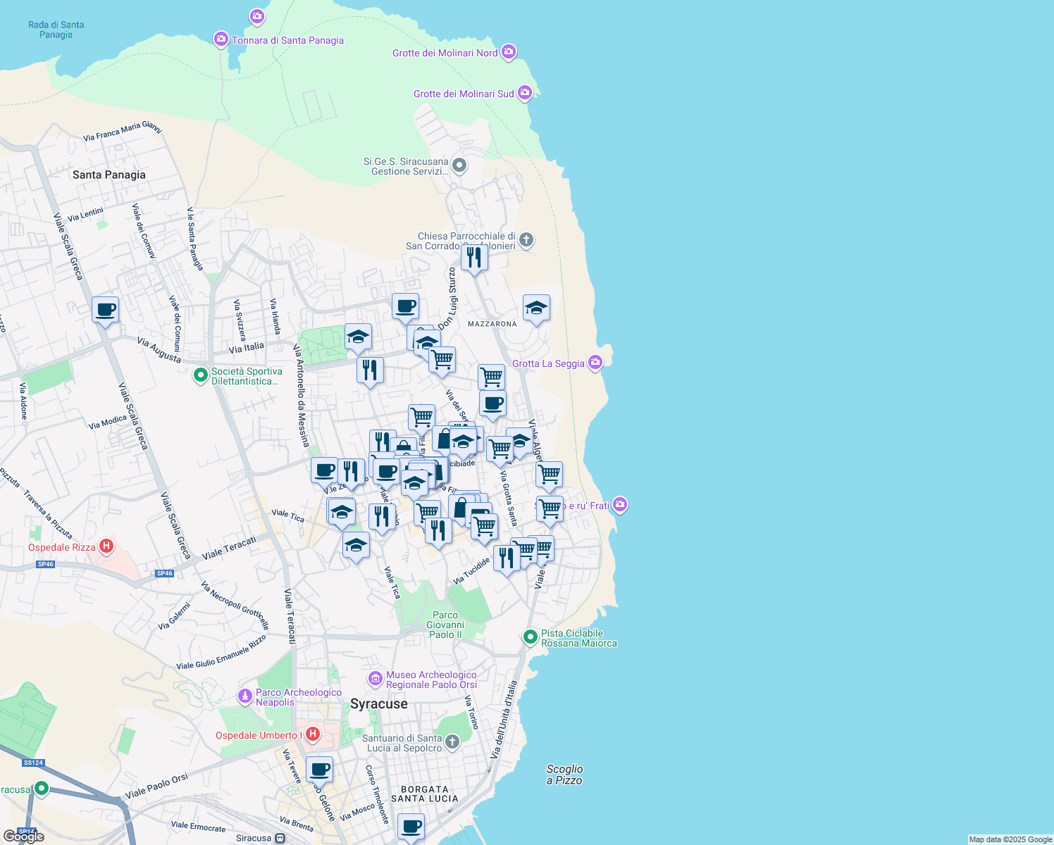 map of restaurants, bars, coffee shops, grocery stores, and more near 8 Via Lazio in Siracusa