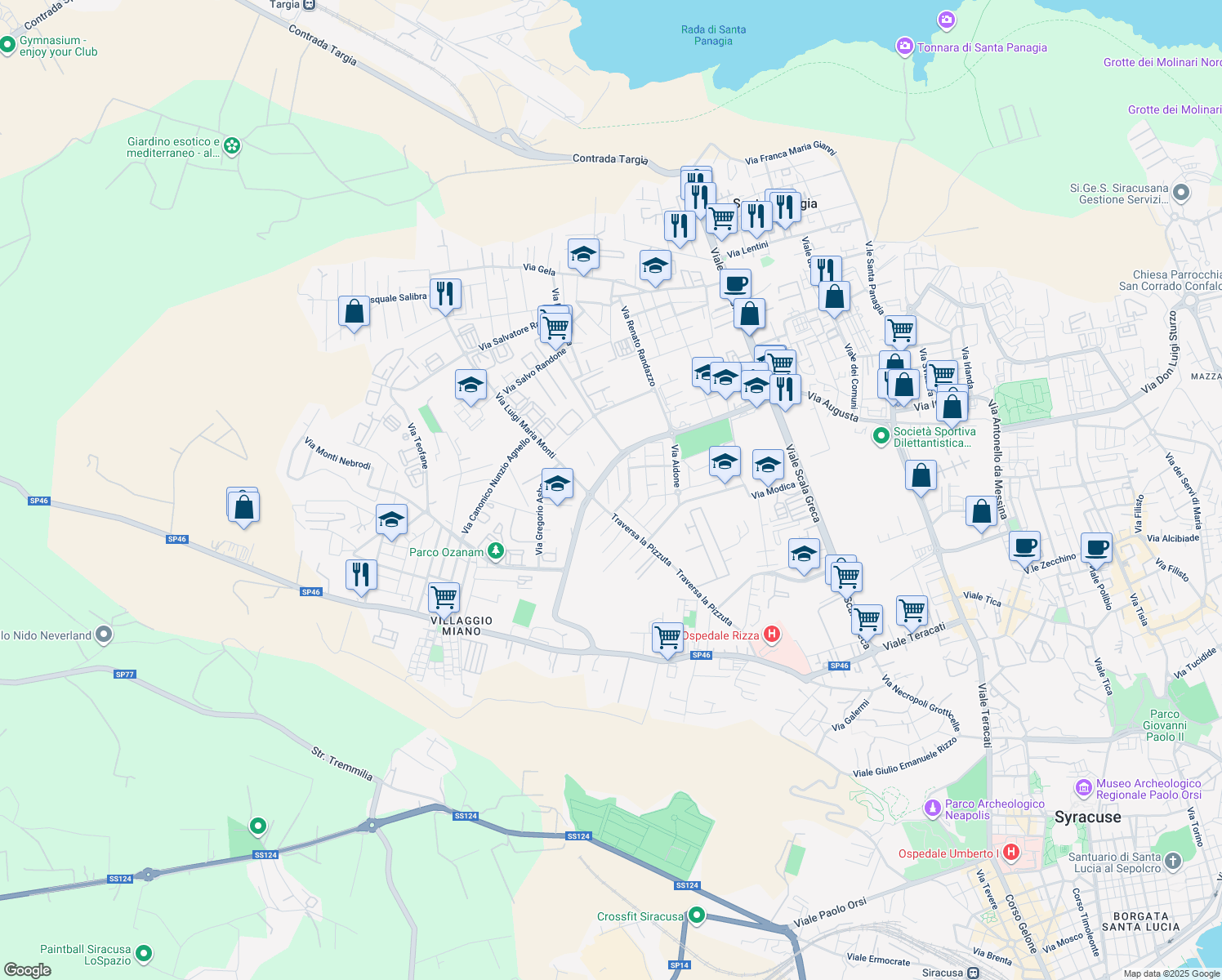 map of restaurants, bars, coffee shops, grocery stores, and more near 15 Via Selinunte in Siracusa