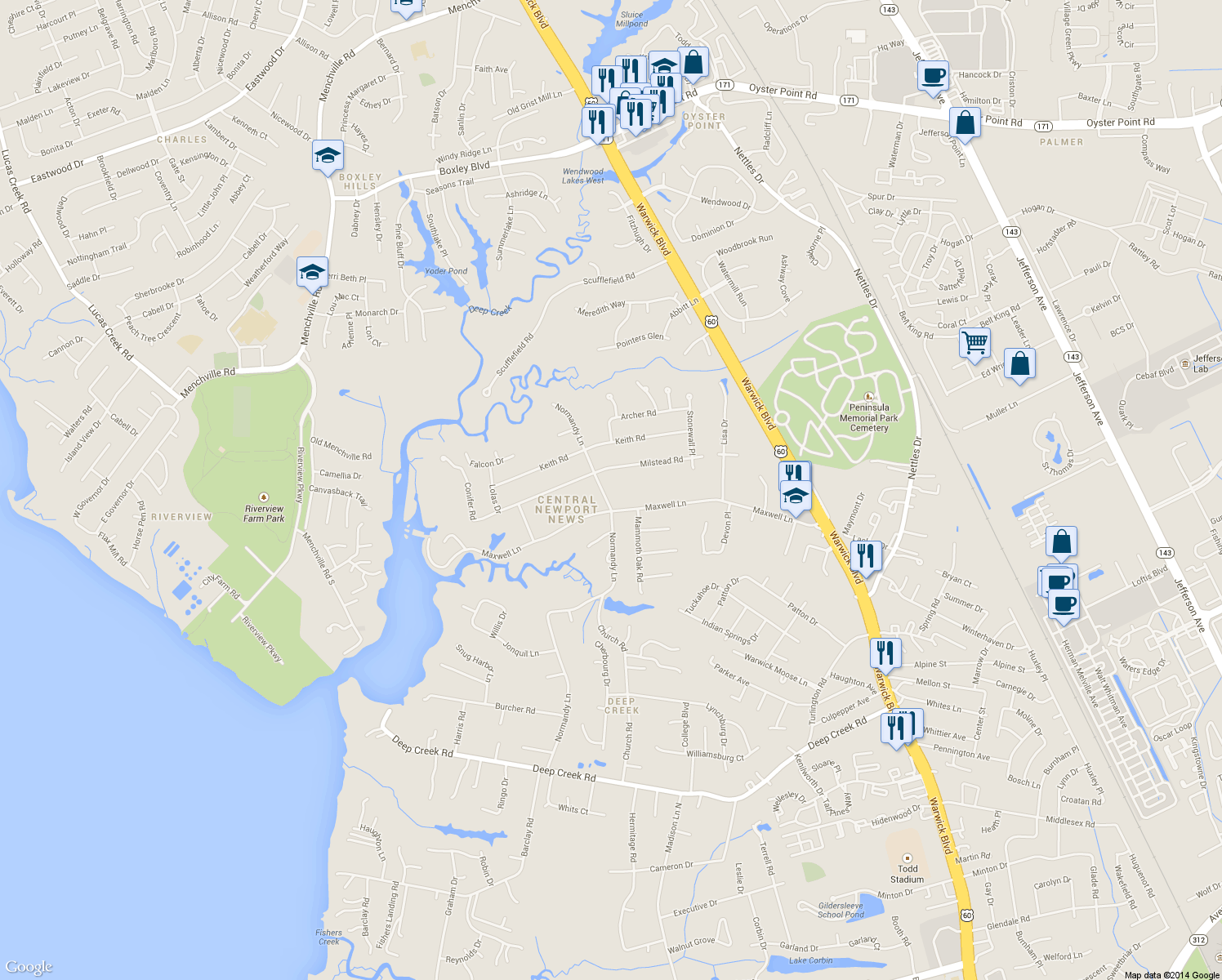 map of restaurants, bars, coffee shops, grocery stores, and more near 208 Normandy Ln in Newport News