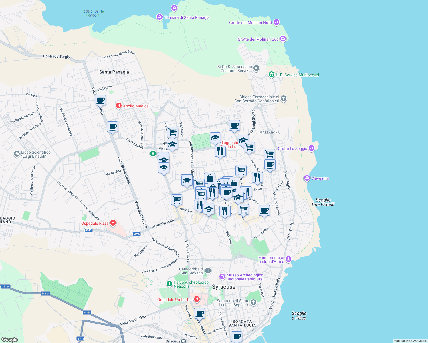 map of restaurants, bars, coffee shops, grocery stores, and more near 20 Via Sofio Ferrero in Siracusa