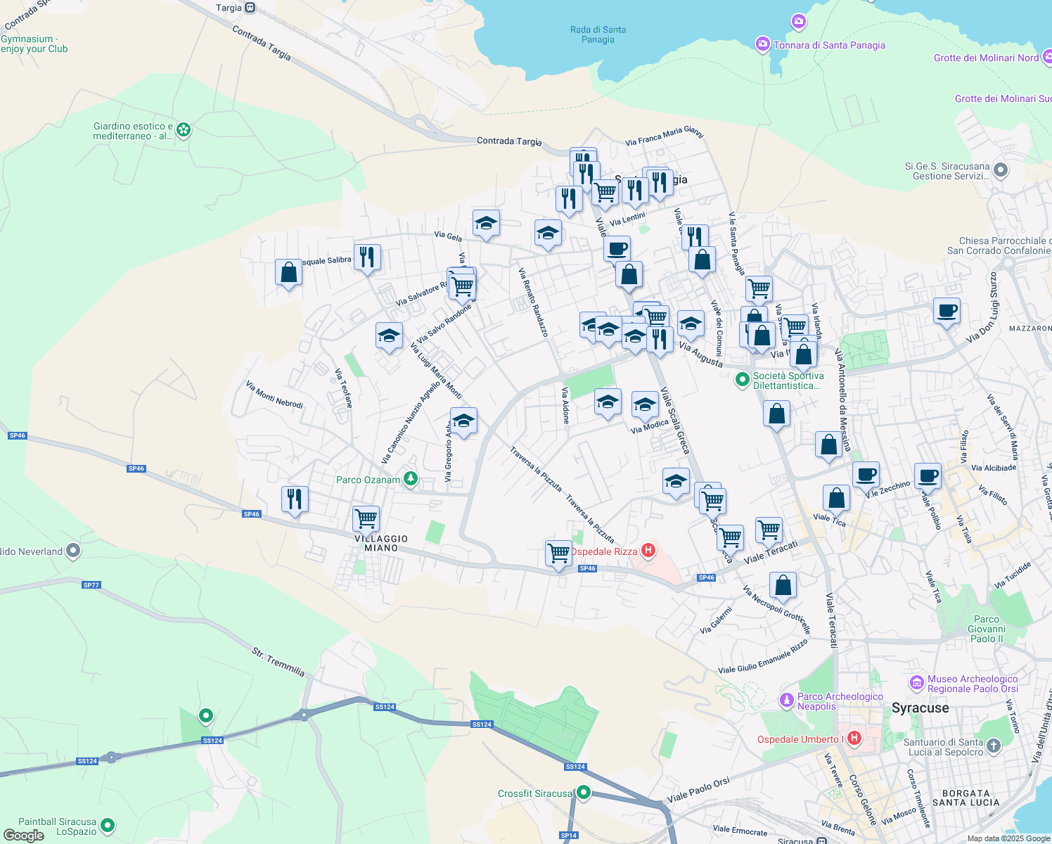 map of restaurants, bars, coffee shops, grocery stores, and more near 15 Via Selinunte in Siracusa