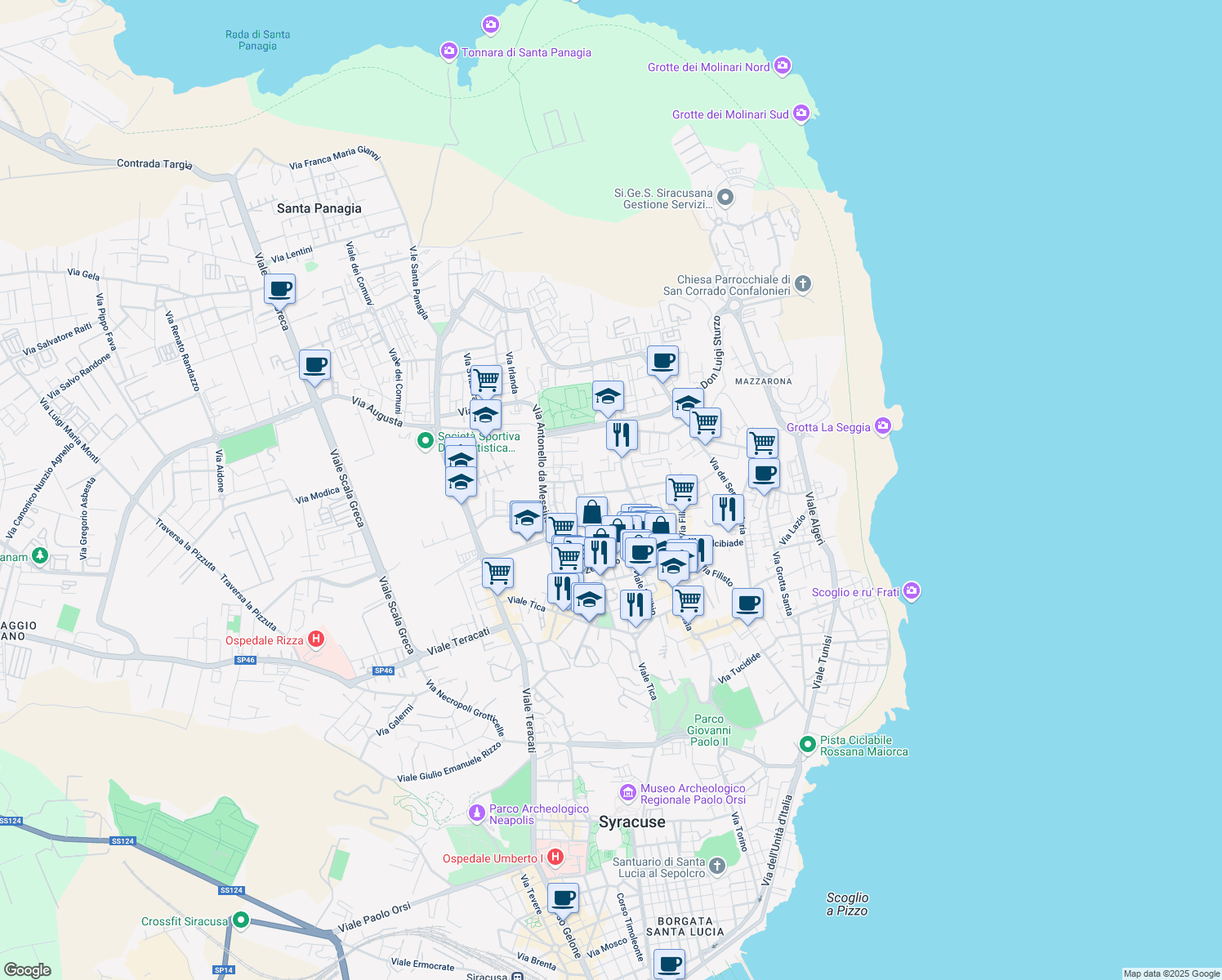 map of restaurants, bars, coffee shops, grocery stores, and more near 16a Via Sofio Ferrero in Syracuse