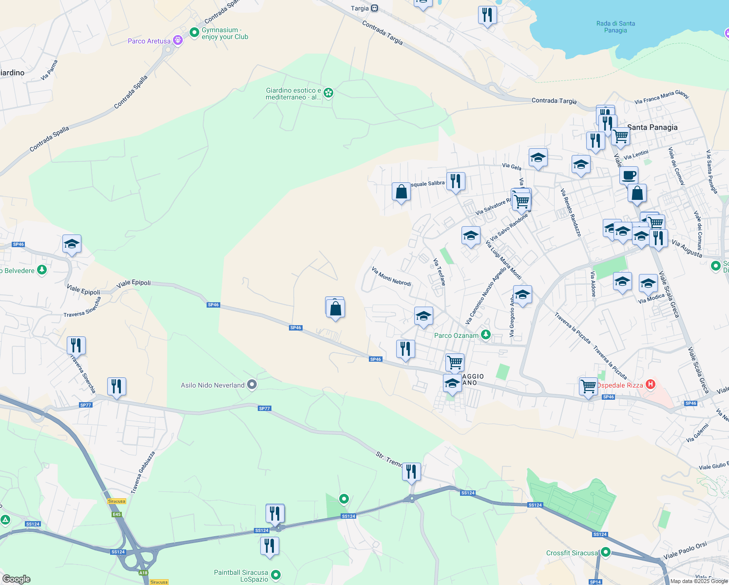 map of restaurants, bars, coffee shops, grocery stores, and more near 47 Via Moncenisio in Siracusa