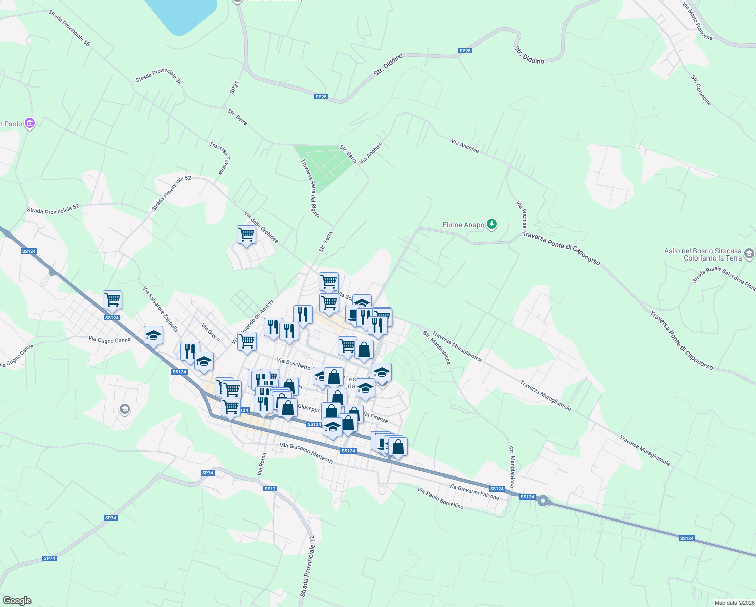 map of restaurants, bars, coffee shops, grocery stores, and more near 54 Traversa Muragliamele in Floridia