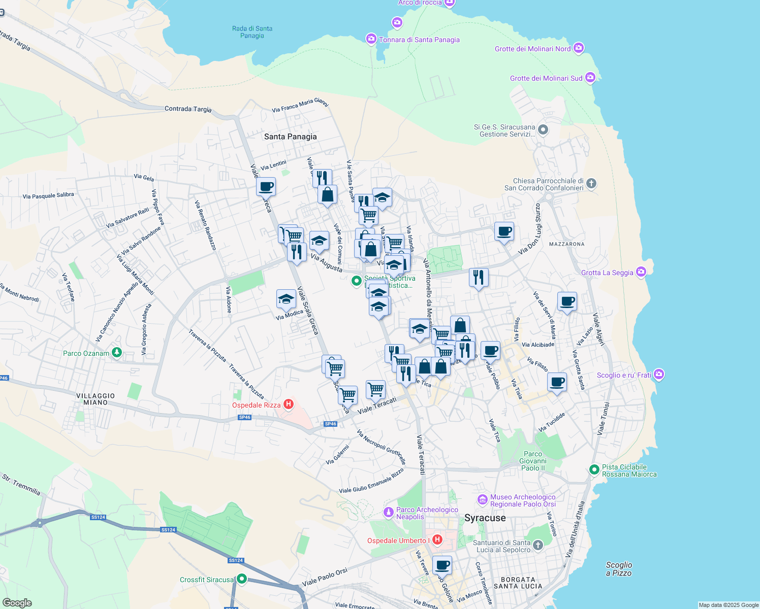 map of restaurants, bars, coffee shops, grocery stores, and more near 162 Viale Santa Panagia in Syracuse