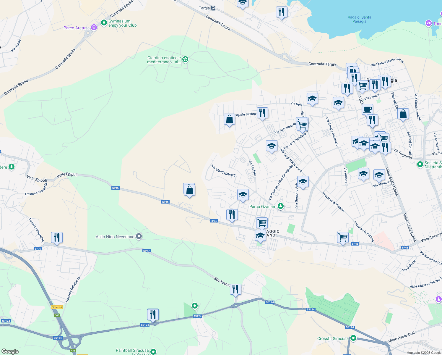 map of restaurants, bars, coffee shops, grocery stores, and more near 63 Via Monti Nebrodi in Siracusa