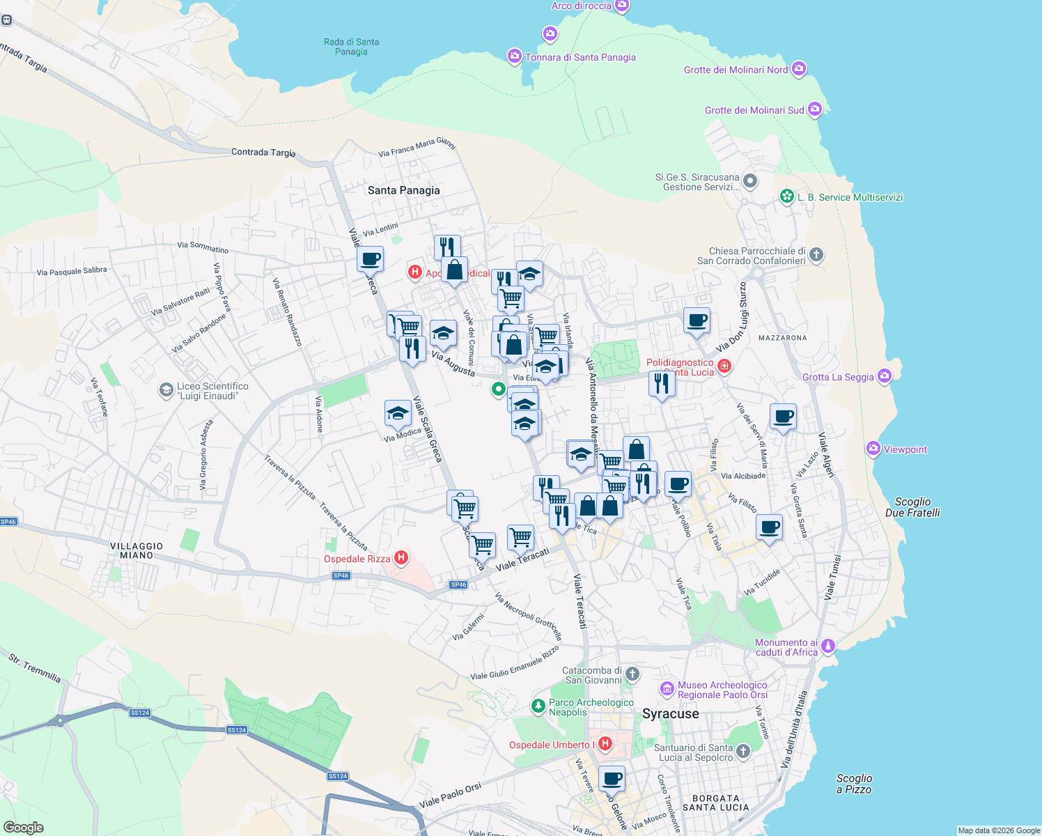 map of restaurants, bars, coffee shops, grocery stores, and more near 162 Viale Santa Panagia in Syracuse