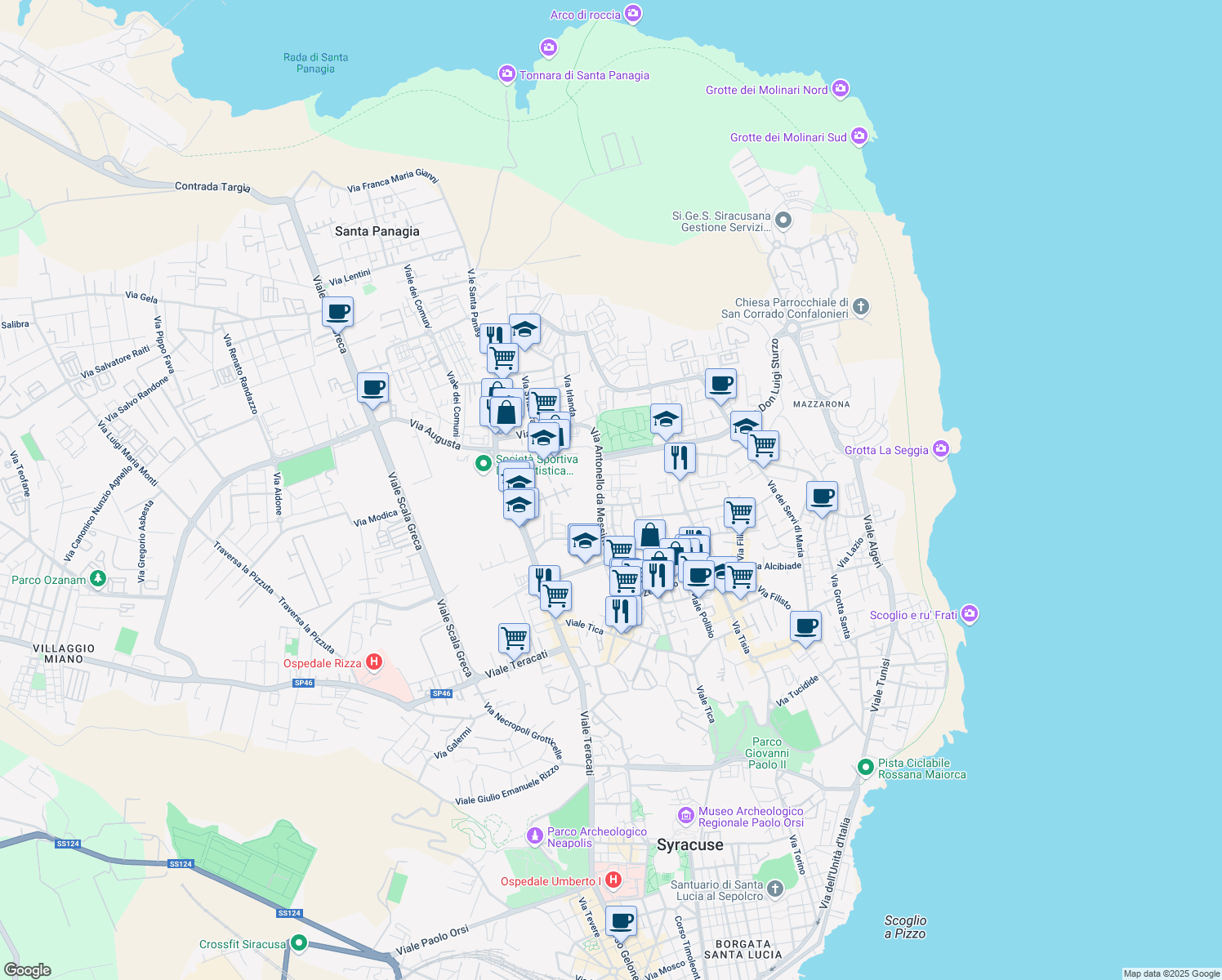 map of restaurants, bars, coffee shops, grocery stores, and more near Via Antonello da Messina in Syracuse