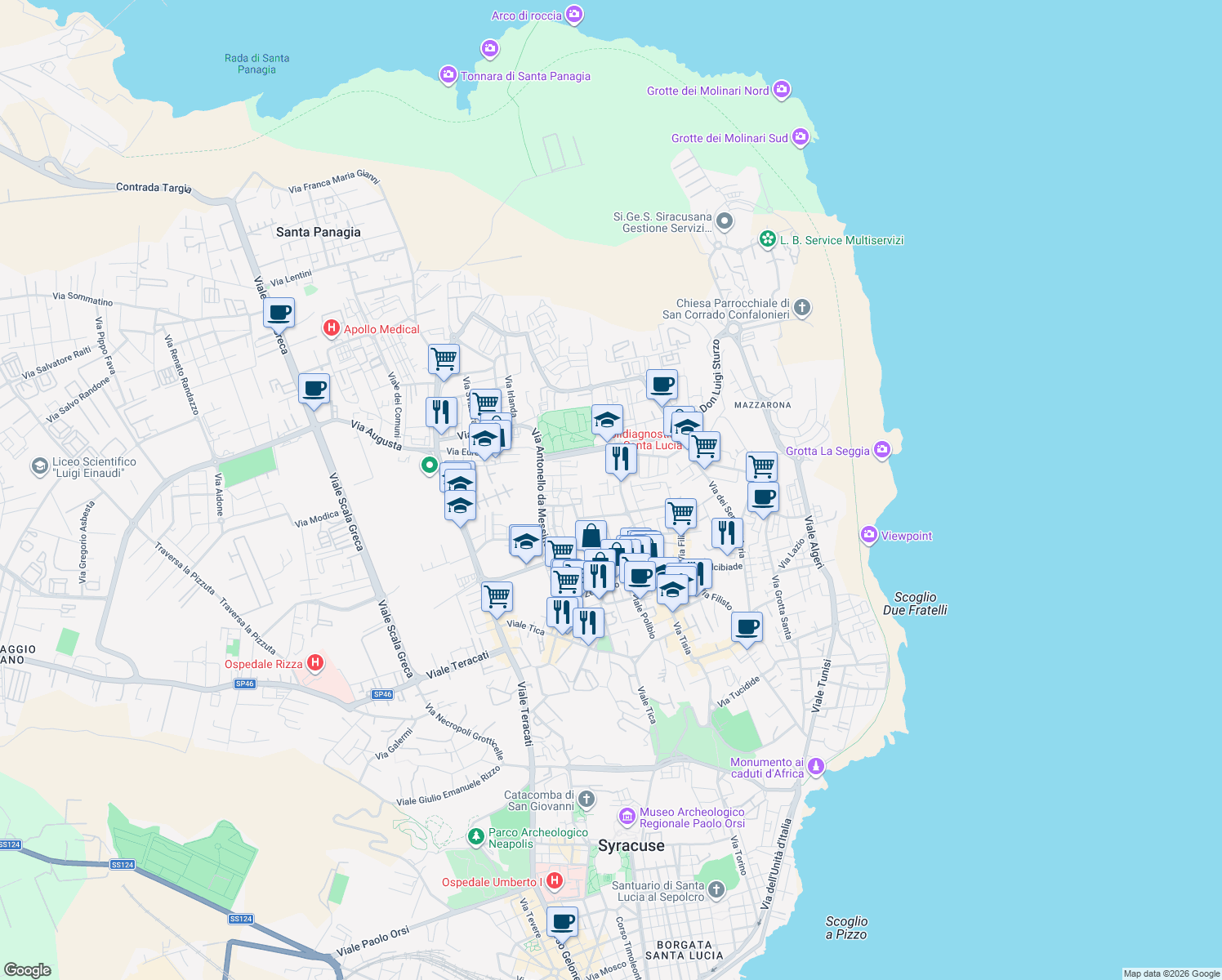 map of restaurants, bars, coffee shops, grocery stores, and more near Via Filippo Juvara in Syracuse