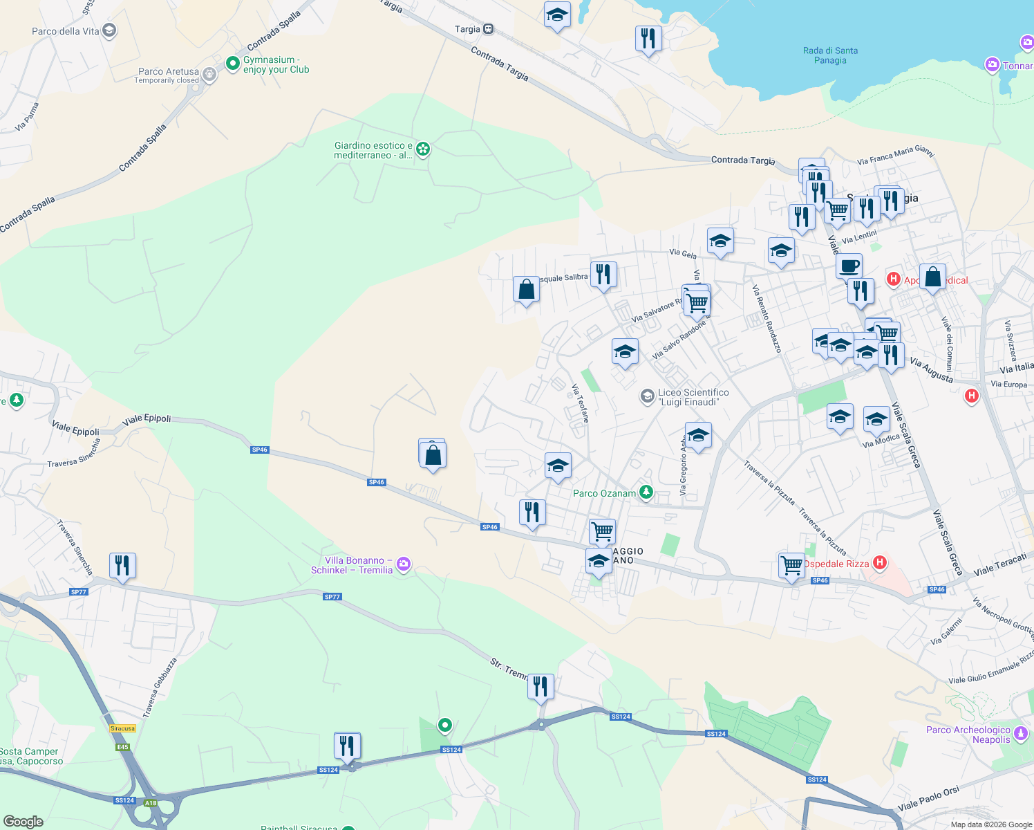 map of restaurants, bars, coffee shops, grocery stores, and more near 63 Via Monti Nebrodi in Siracusa