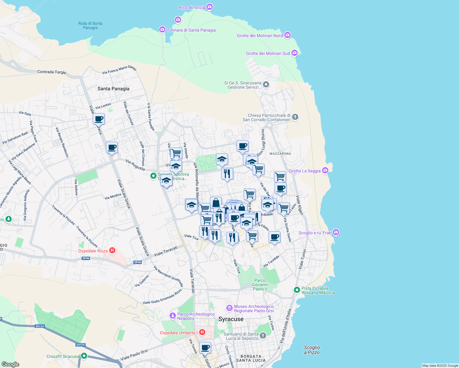map of restaurants, bars, coffee shops, grocery stores, and more near 59 Via Daniele Monteleoni in Siracusa