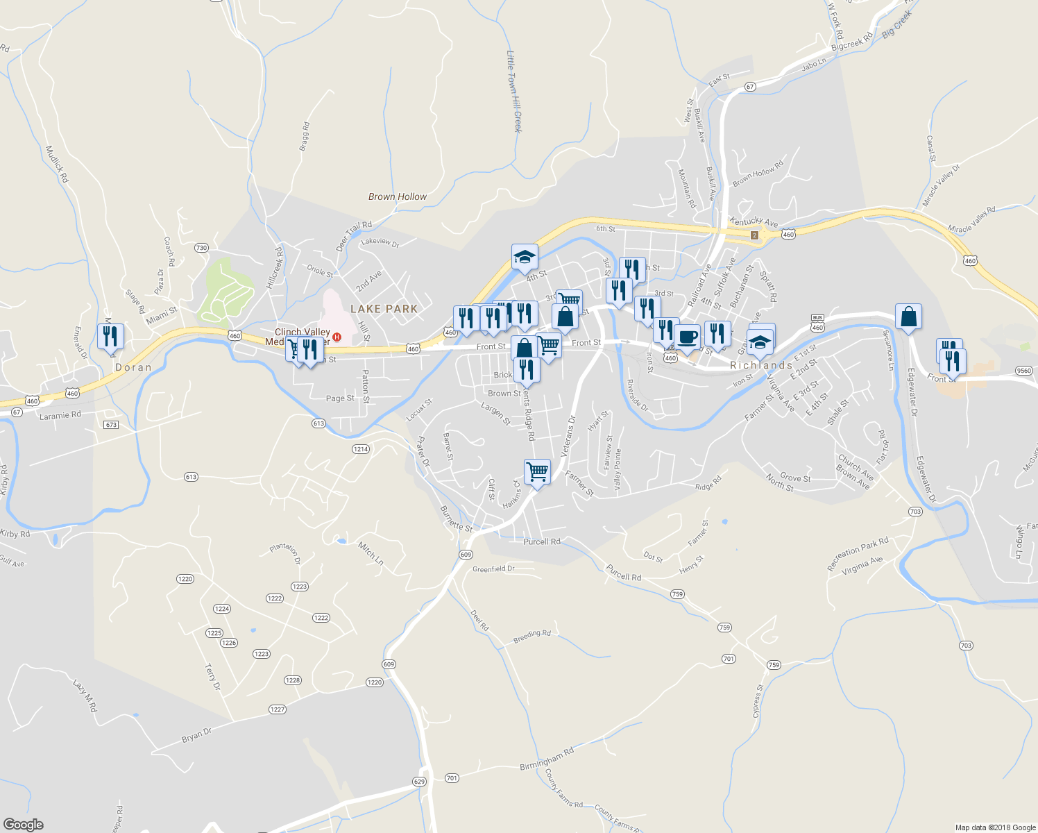 map of restaurants, bars, coffee shops, grocery stores, and more near Roberts Street in Richlands
