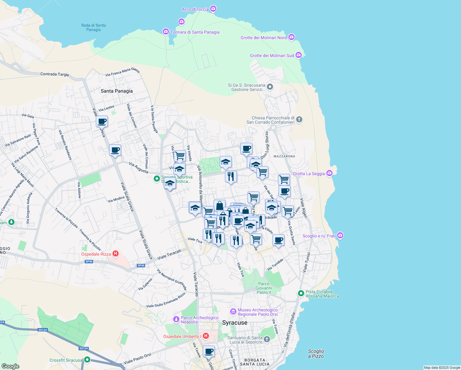 map of restaurants, bars, coffee shops, grocery stores, and more near 59 Via Daniele Monteleoni in Siracusa