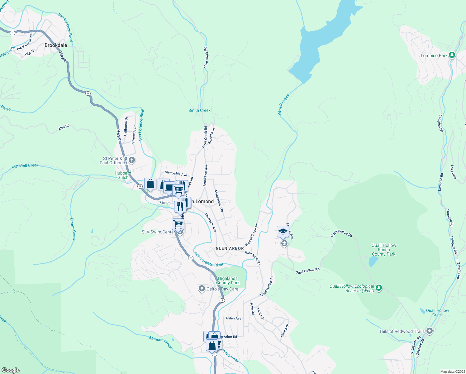map of restaurants, bars, coffee shops, grocery stores, and more near 194 El Solyo Avenue in Ben Lomond