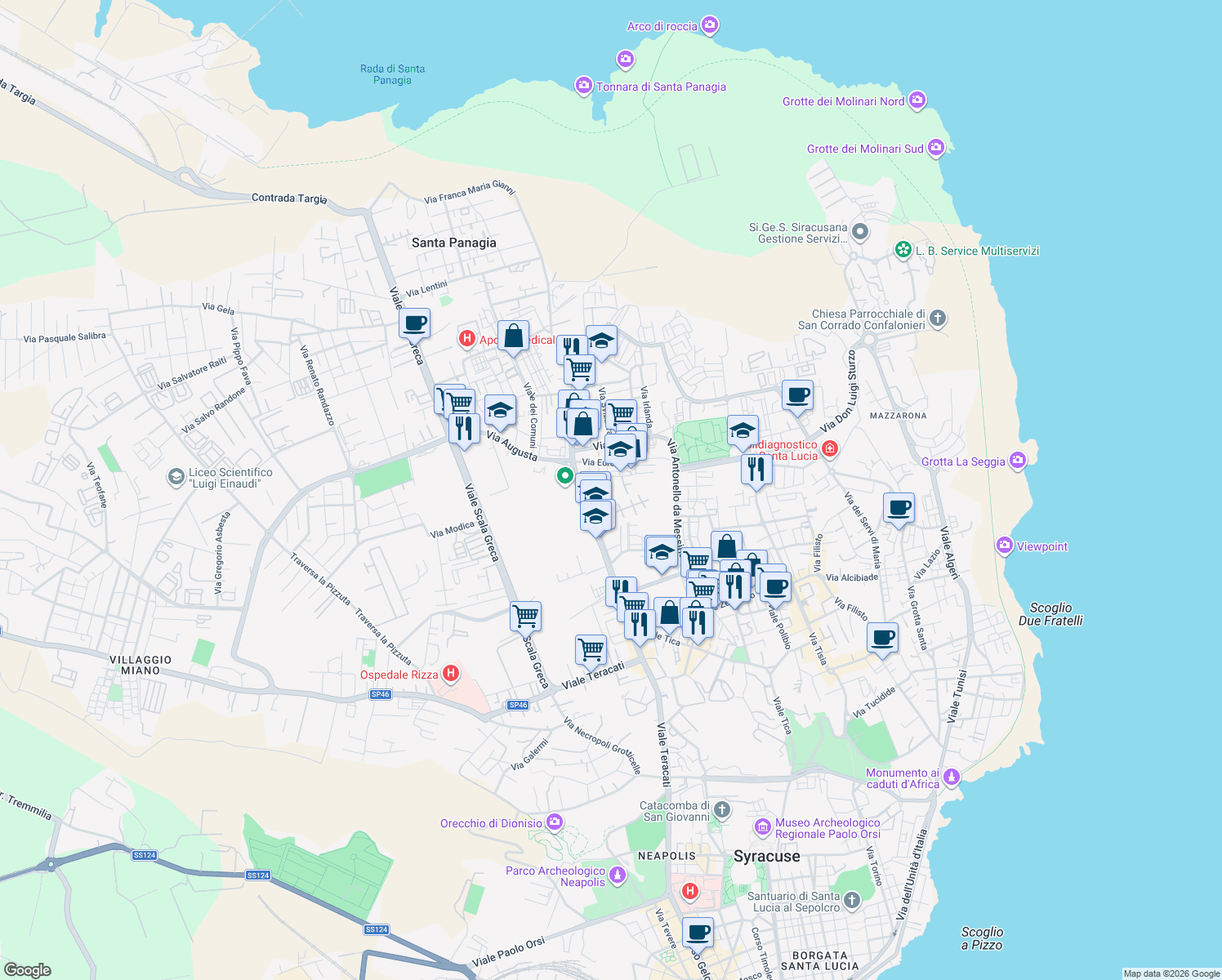 map of restaurants, bars, coffee shops, grocery stores, and more near 4 Via Unione Sovietica in Siracusa