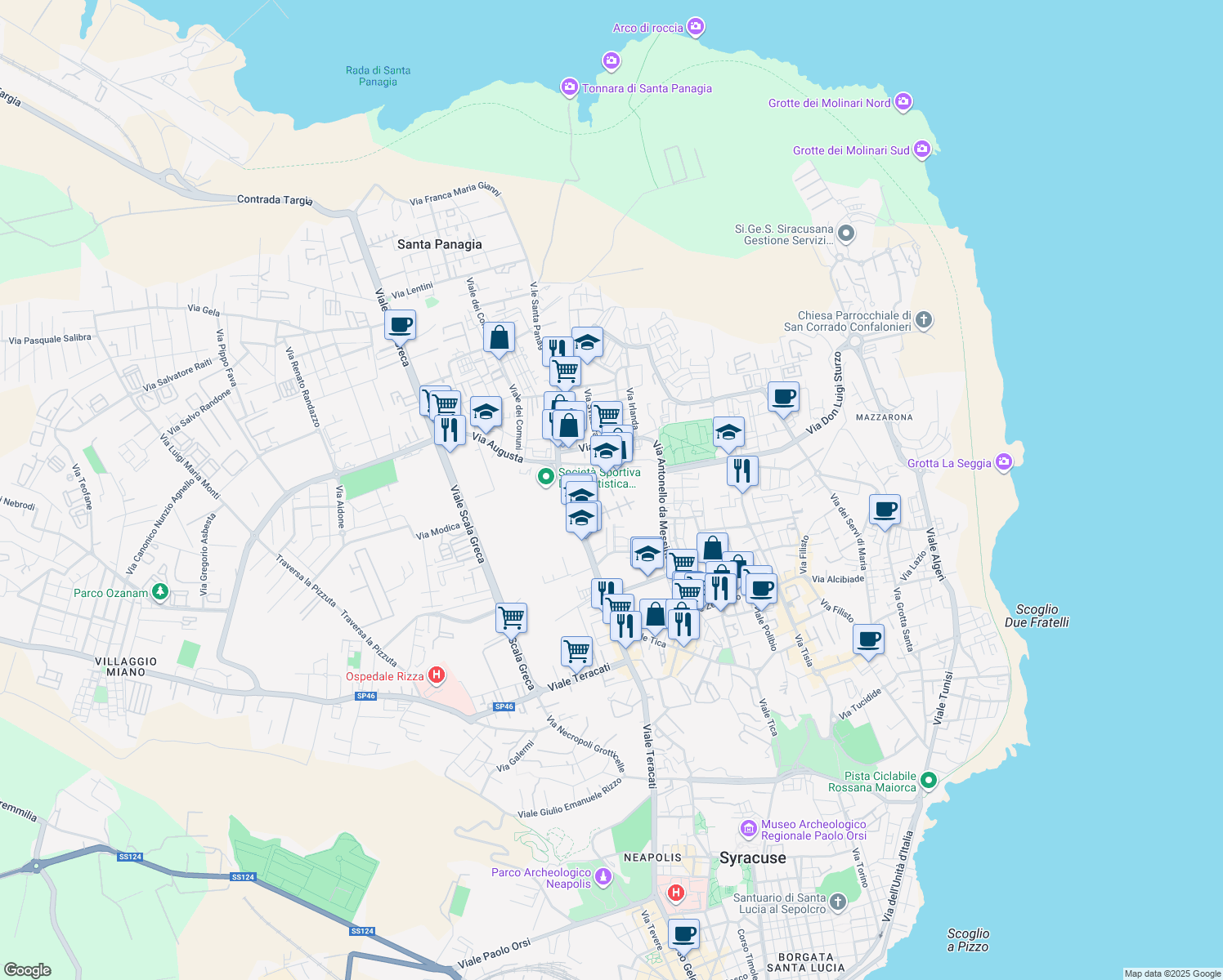 map of restaurants, bars, coffee shops, grocery stores, and more near 4 Via Unione Sovietica in Siracusa