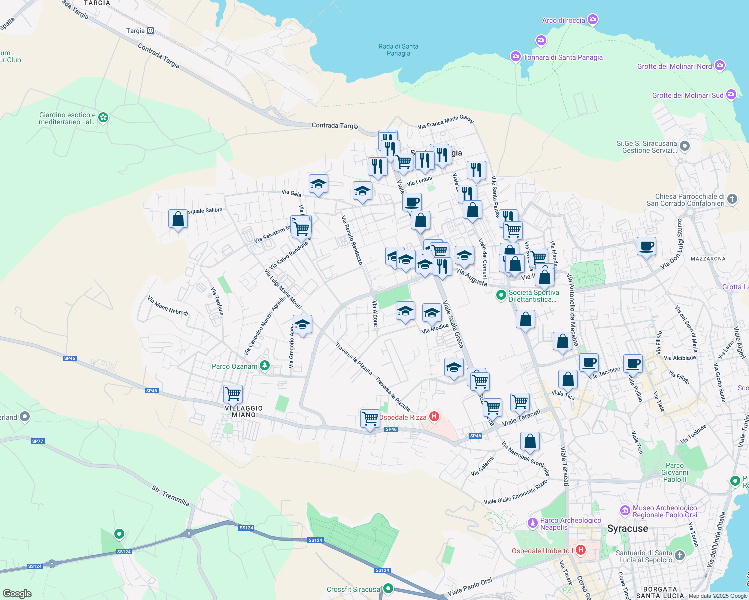 map of restaurants, bars, coffee shops, grocery stores, and more near 29 Via Aidone in Siracusa