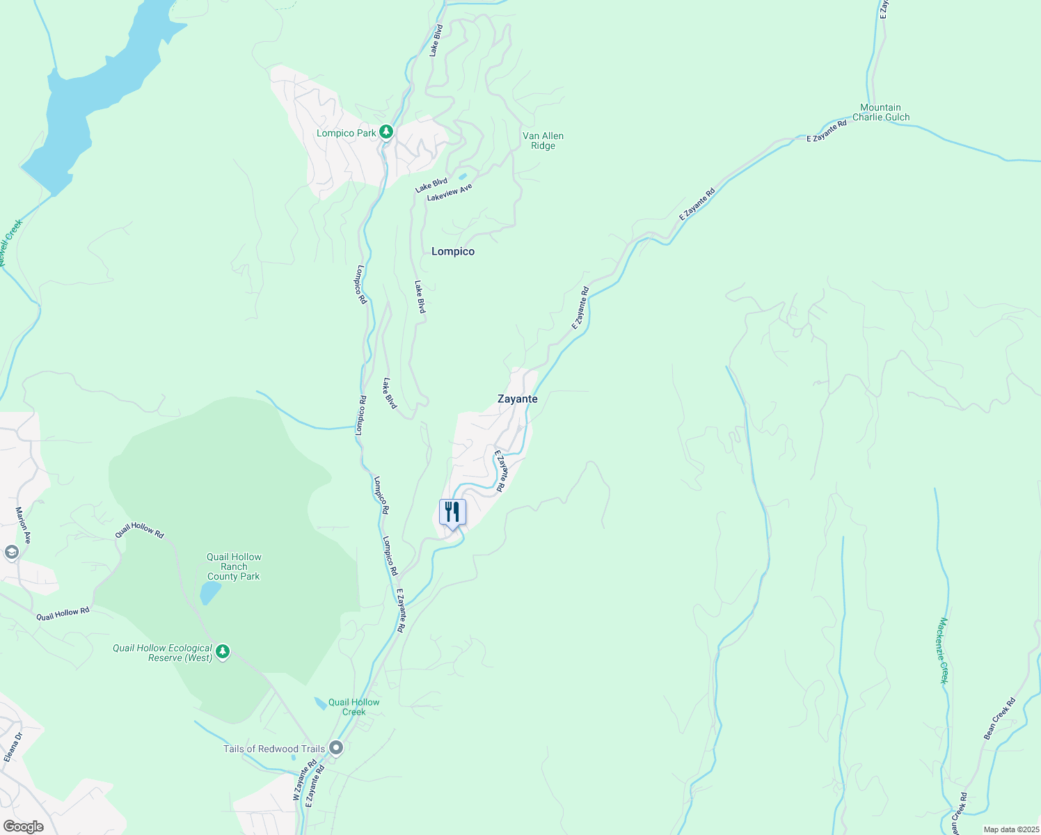 map of restaurants, bars, coffee shops, grocery stores, and more near 55 Western States Road in Felton