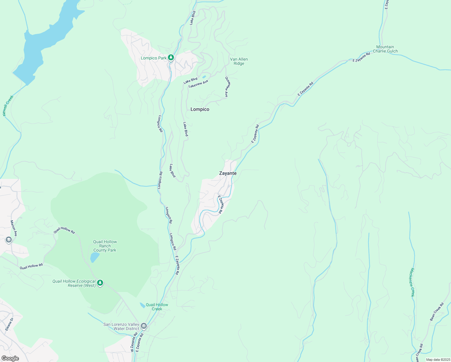 map of restaurants, bars, coffee shops, grocery stores, and more near East Zayante Road in Santa Cruz County