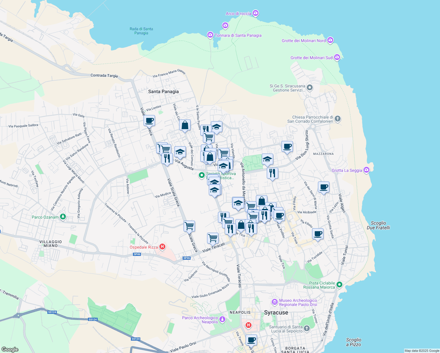 map of restaurants, bars, coffee shops, grocery stores, and more near 4 Via Unione Sovietica in Siracusa