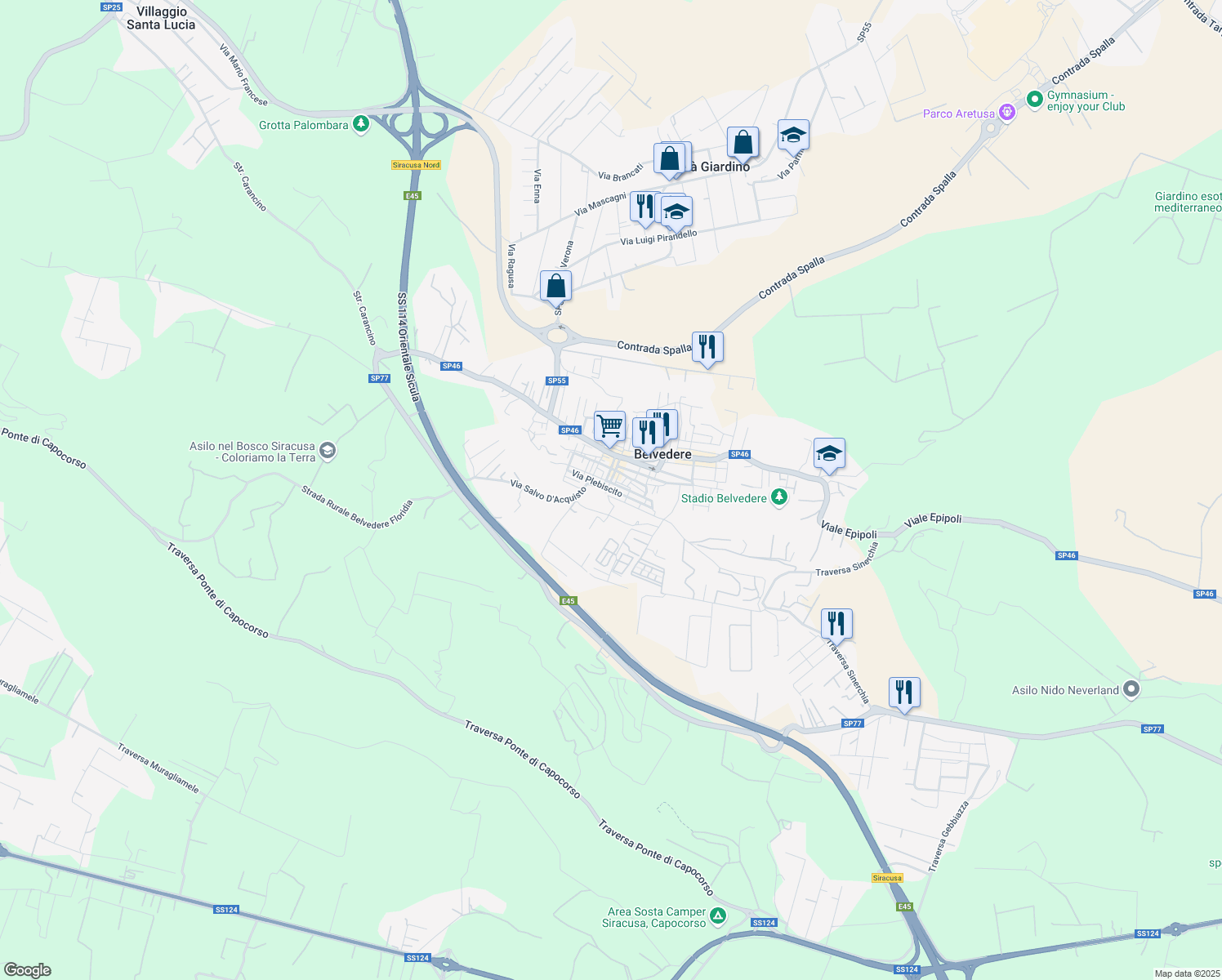 map of restaurants, bars, coffee shops, grocery stores, and more near 70 Via Plebiscito in Belvedere