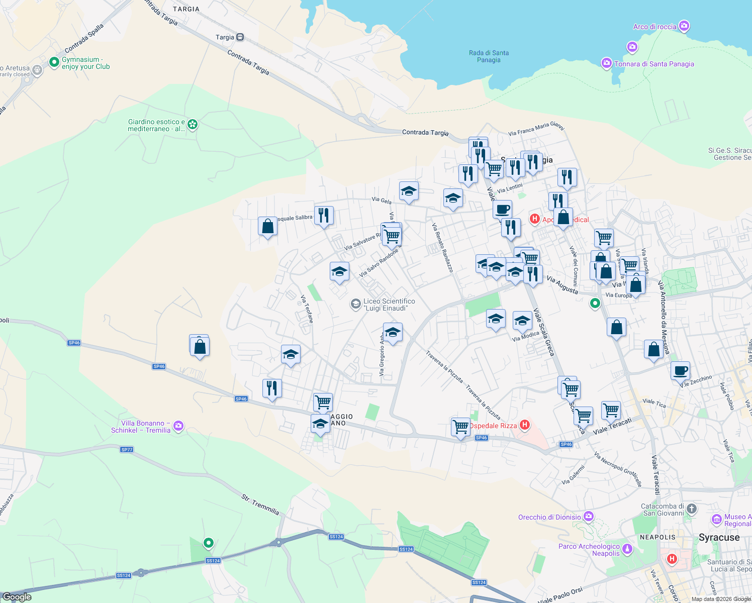 map of restaurants, bars, coffee shops, grocery stores, and more near 15 Via Luigi Maria Monti in Siracusa