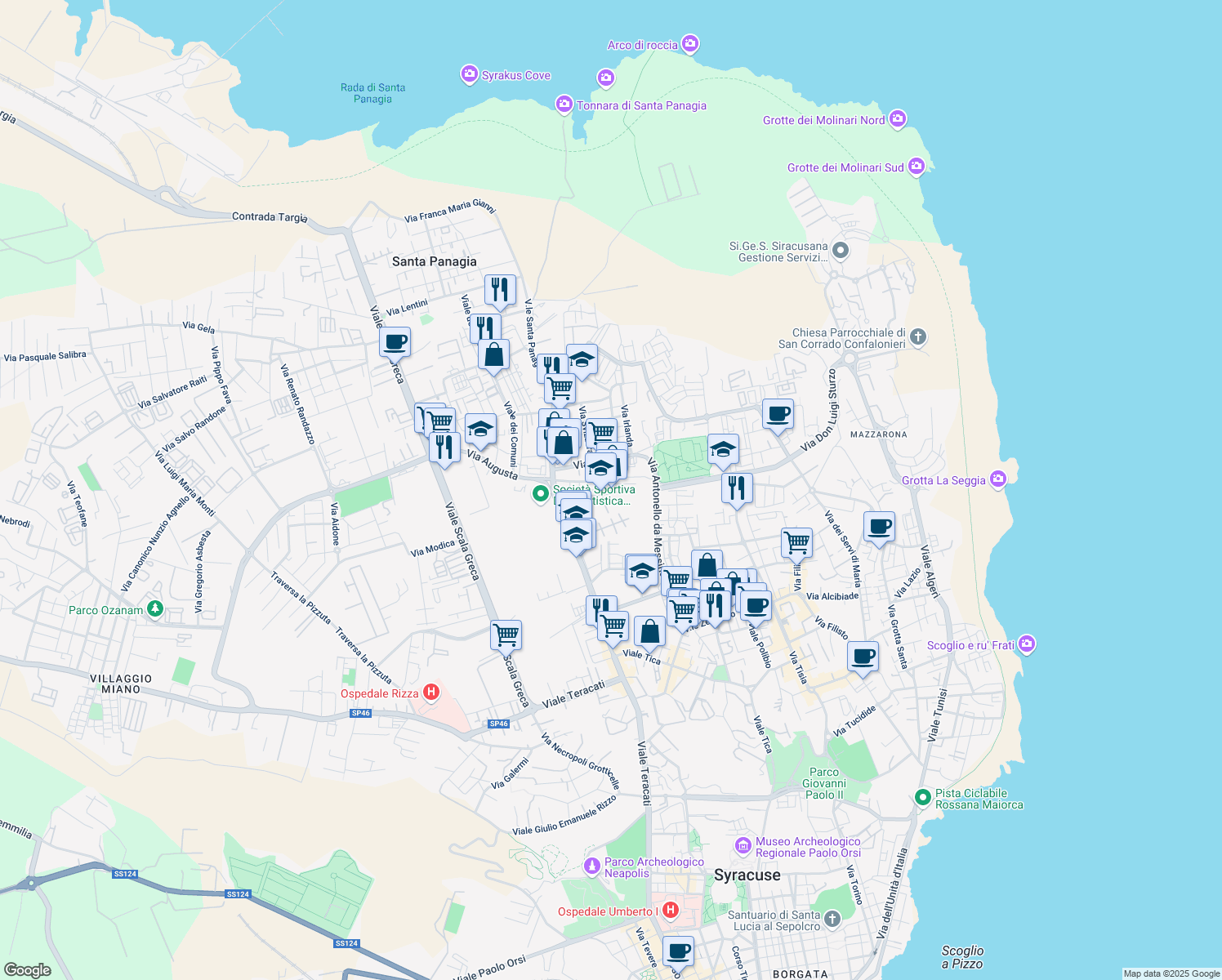 map of restaurants, bars, coffee shops, grocery stores, and more near 15 Via Unione Sovietica in Siracusa