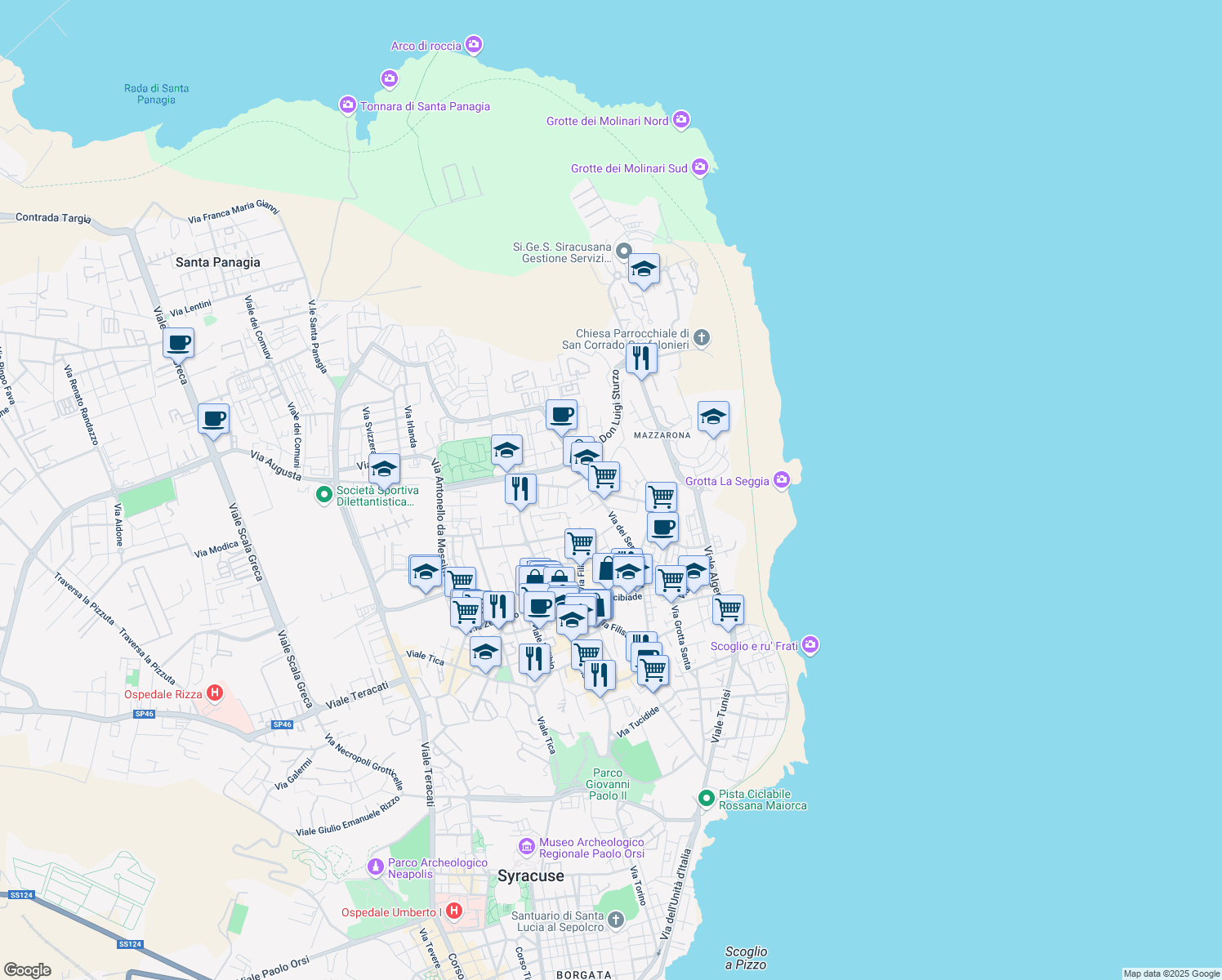 map of restaurants, bars, coffee shops, grocery stores, and more near 174 Via Grotta Santa in Siracusa
