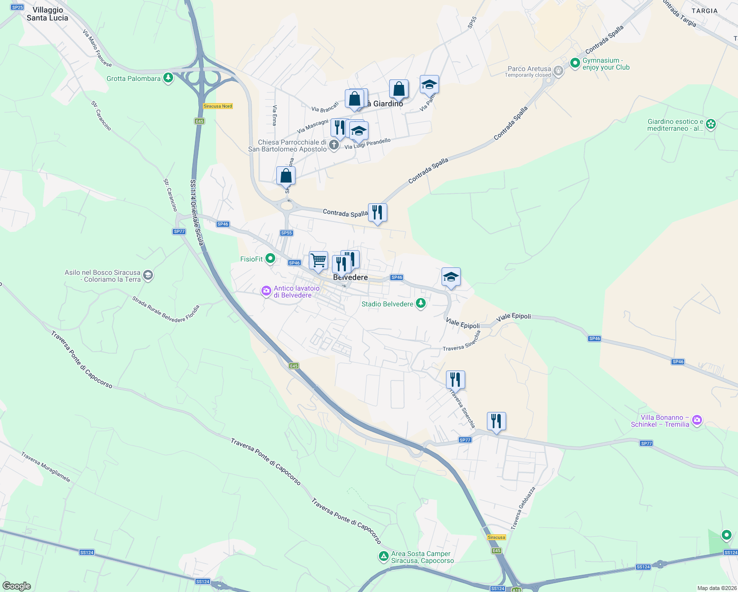 map of restaurants, bars, coffee shops, grocery stores, and more near 75 Via dell'Indipendenza in Belvedere