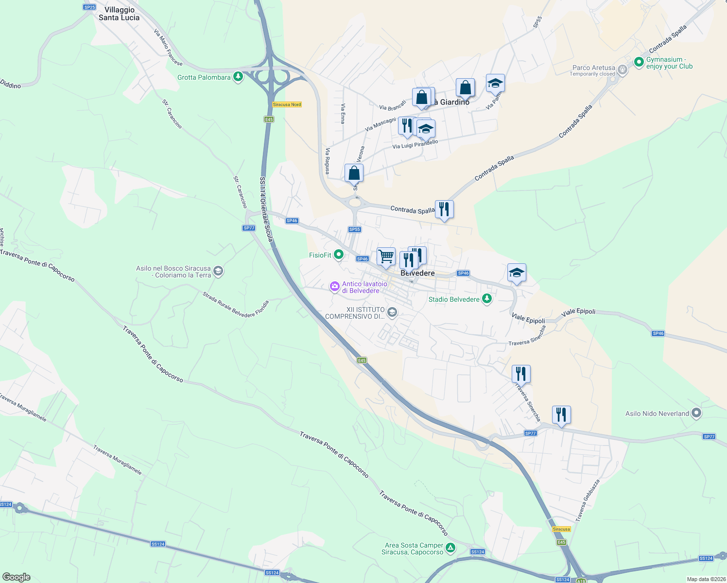 map of restaurants, bars, coffee shops, grocery stores, and more near 16 Via Denaro in Belvedere