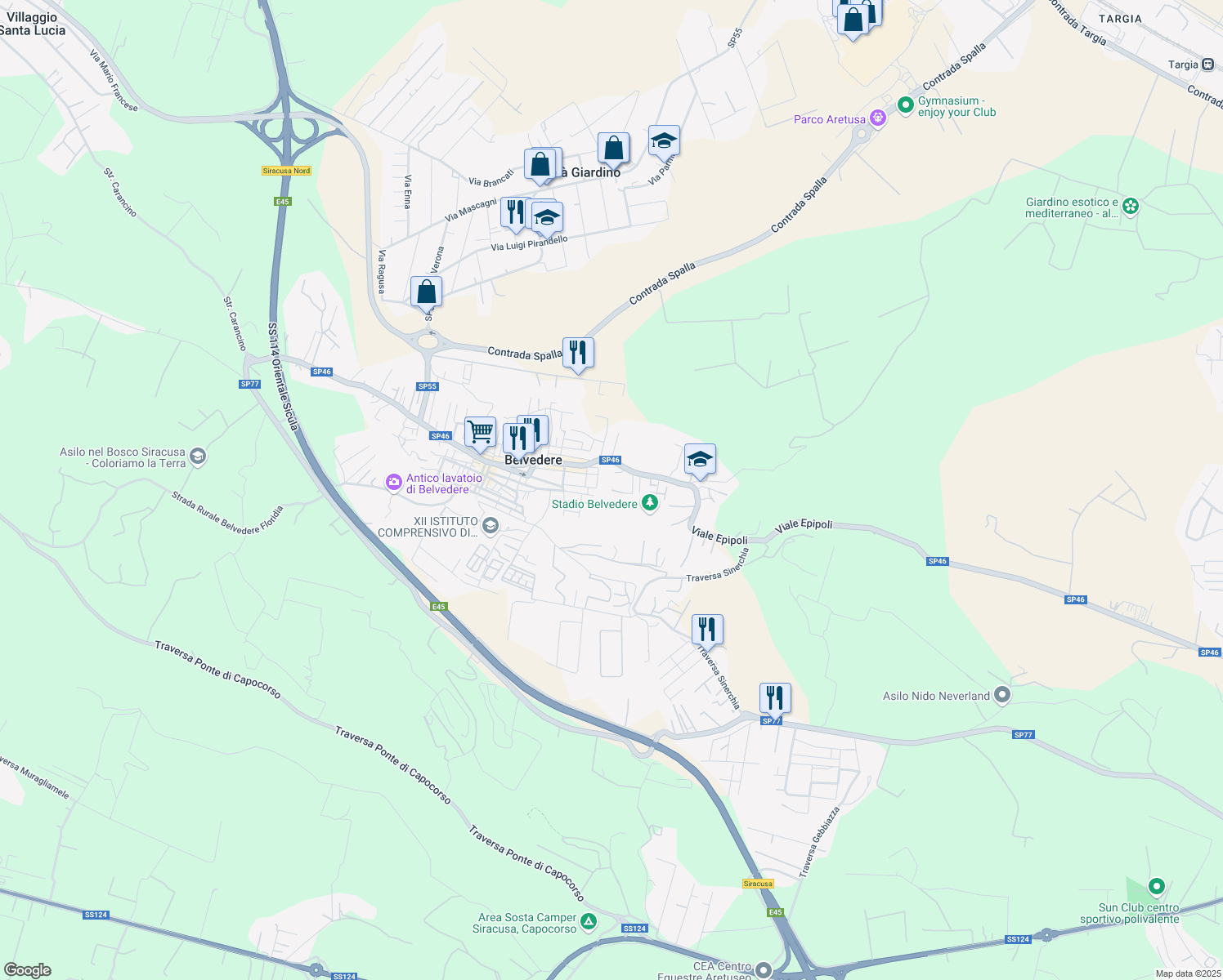 map of restaurants, bars, coffee shops, grocery stores, and more near Via Siracusa in Belvedere