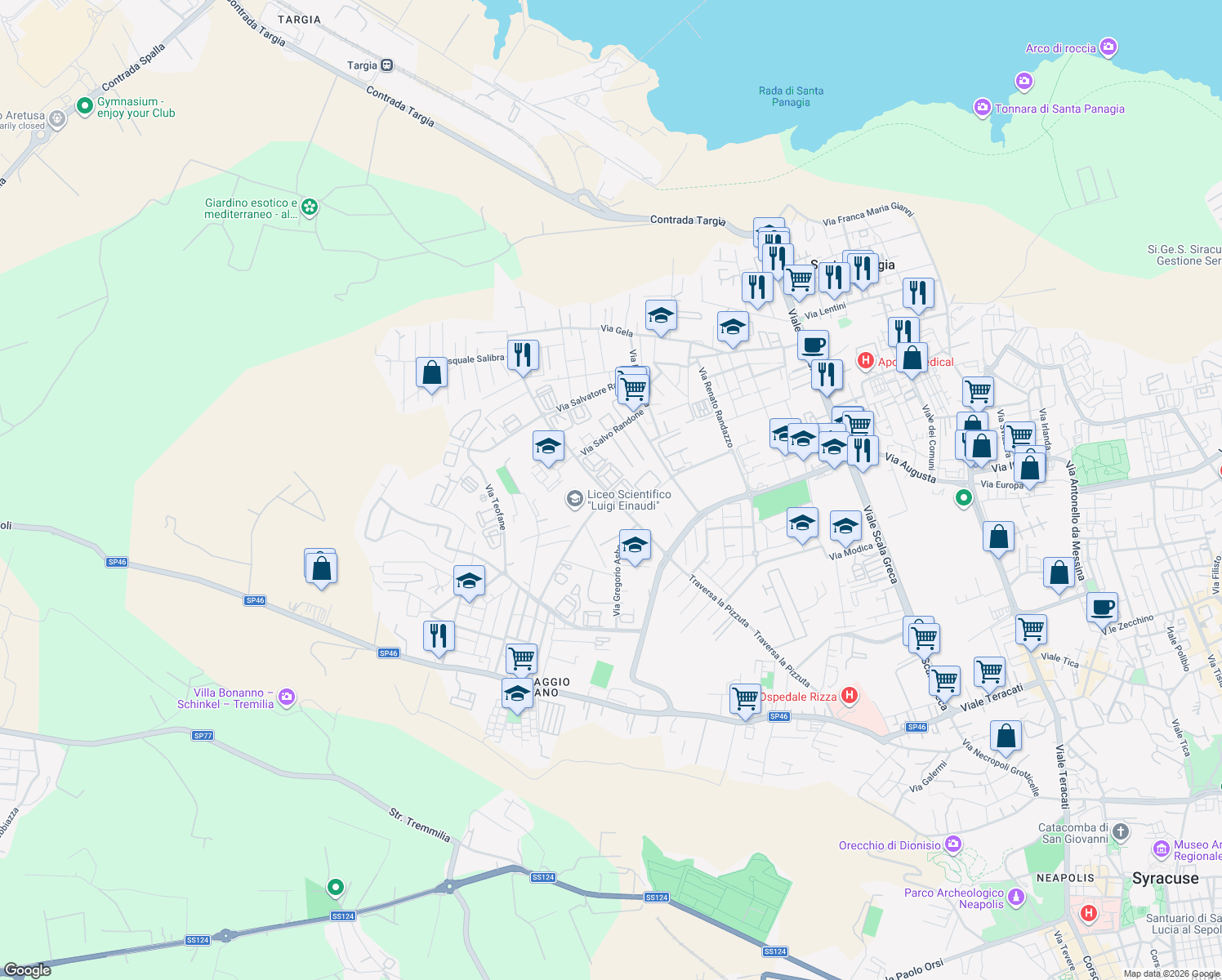 map of restaurants, bars, coffee shops, grocery stores, and more near 15 Via Luigi Maria Monti in Siracusa