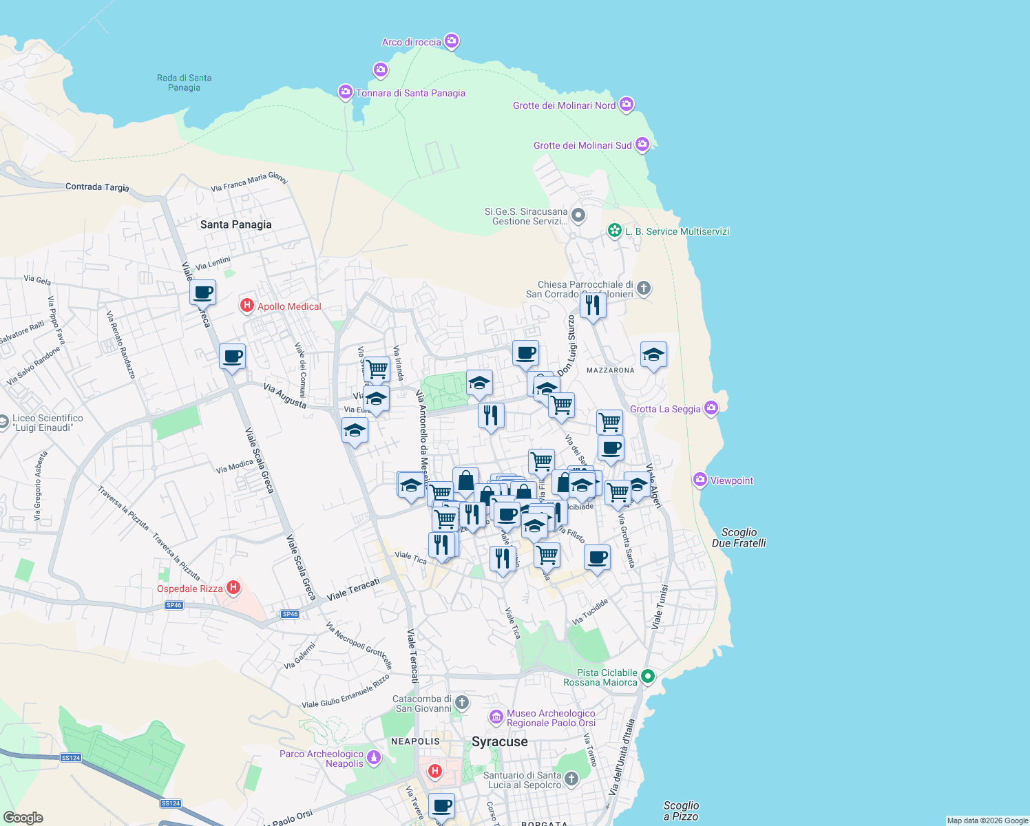 map of restaurants, bars, coffee shops, grocery stores, and more near 18 Via Francesco Accolla in Siracusa