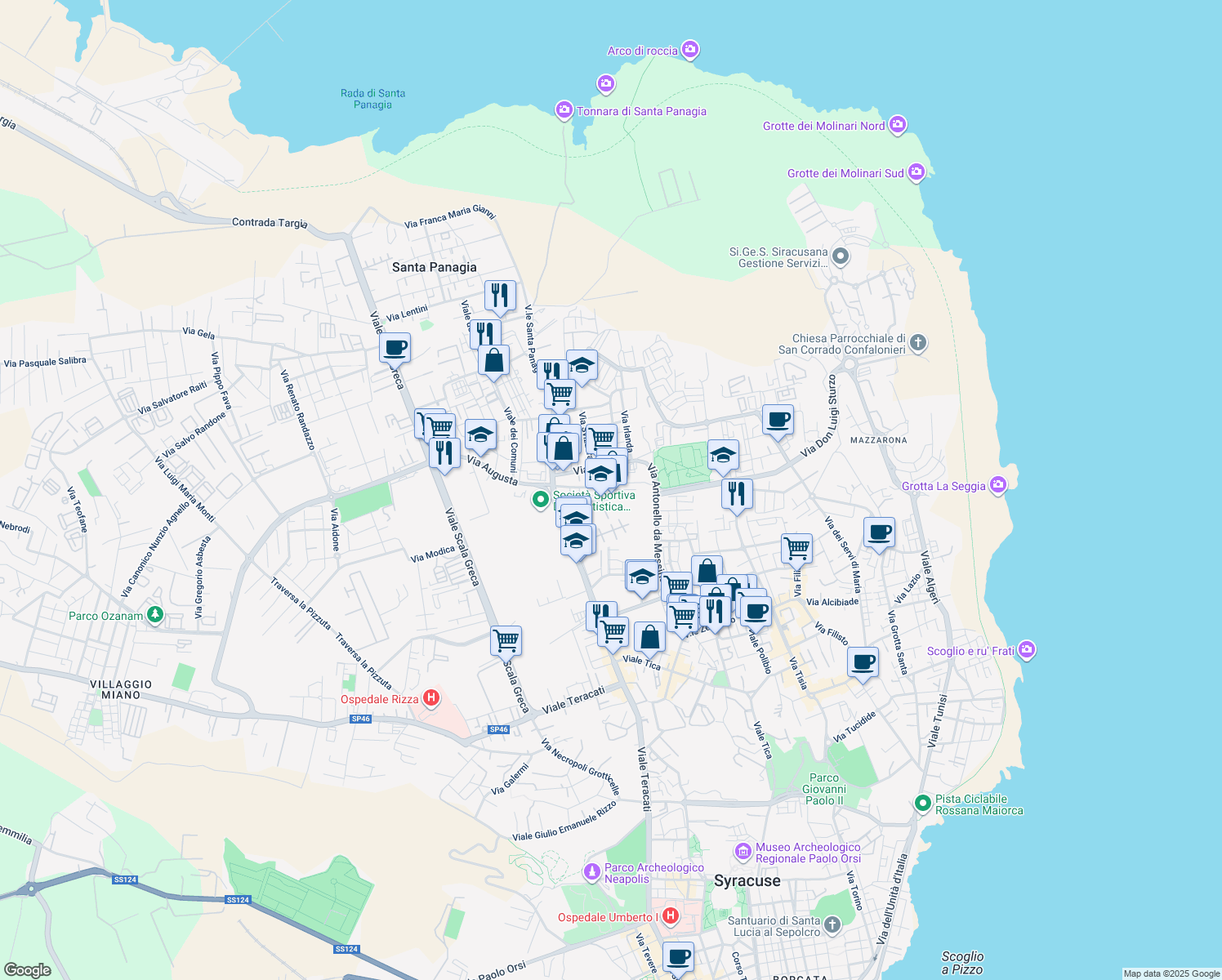 map of restaurants, bars, coffee shops, grocery stores, and more near 33 Via Europa in Siracusa